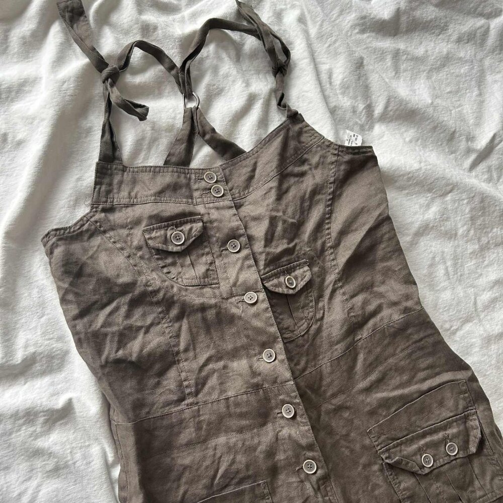 Armor Jeans NWOT 100% Linen Taupe Cargo Utility Jumpsuit with Wide-Leg — US M